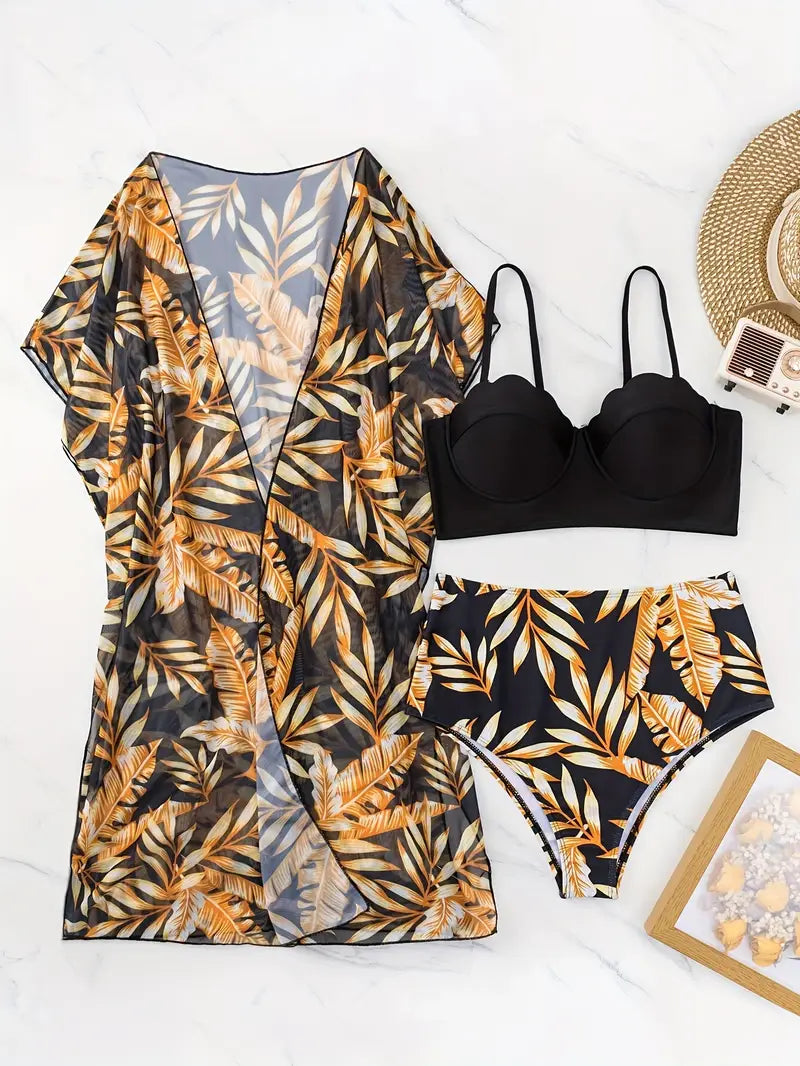 Soleil – 3dílné tropické bikiny s plážovým přehozem