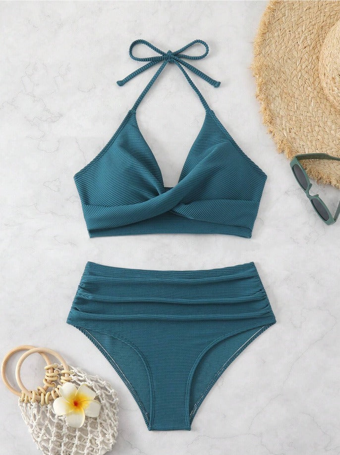 Sienna – Črtast bikini komplet z zavezovanjem za vrat