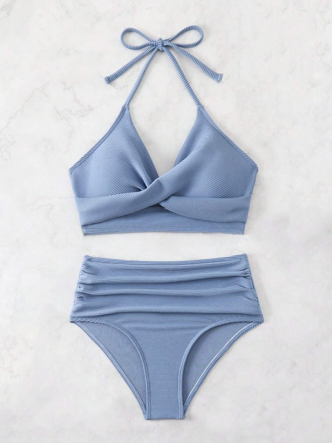 Sienna – Črtast bikini komplet z zavezovanjem za vrat