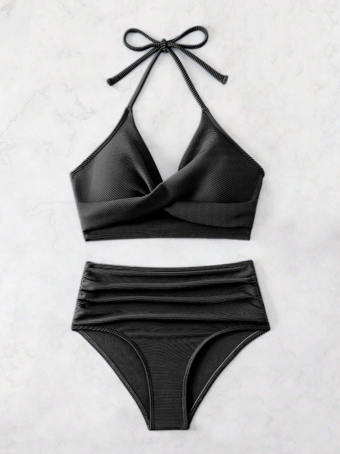 Sienna – Črtast bikini komplet z zavezovanjem za vrat