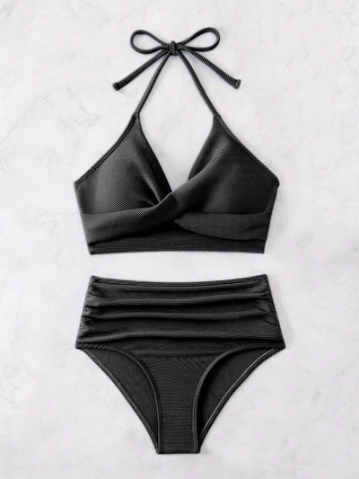 Sienna – Črtast bikini komplet z zavezovanjem za vrat