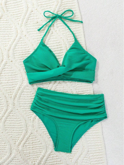 Sienna – Črtast bikini komplet z zavezovanjem za vrat
