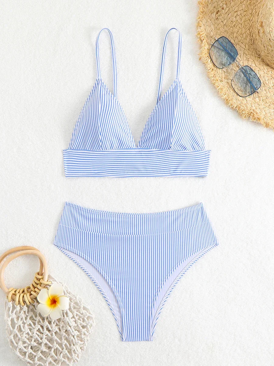 Lena – Črtast bikini komplet z visokim pasom