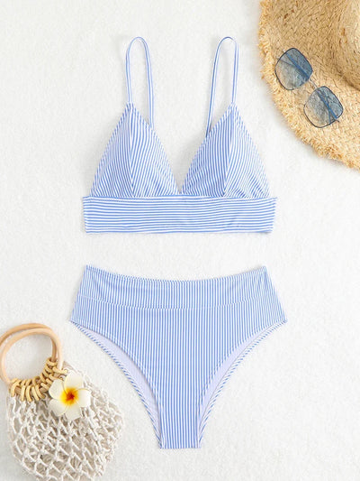 Lena – Črtast bikini komplet z visokim pasom