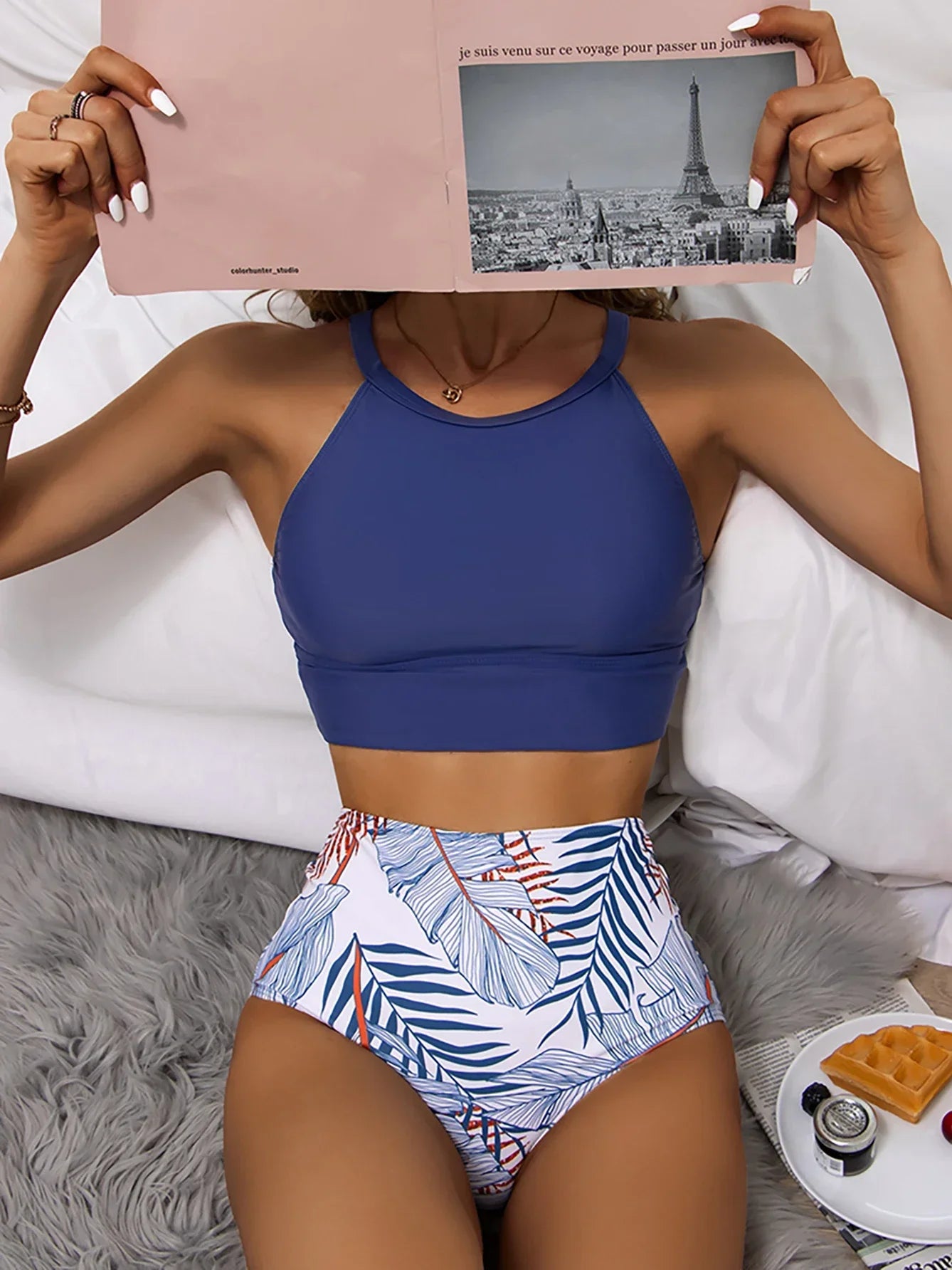 Nina – Cvetlični bikini komplet z visokim pasom in visokim izrezom