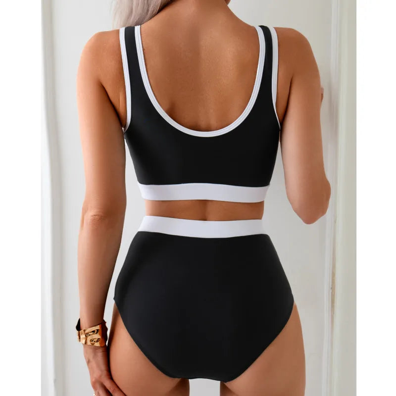 Nora – Športni bikini z visokim pasom in kontrastnimi črtami