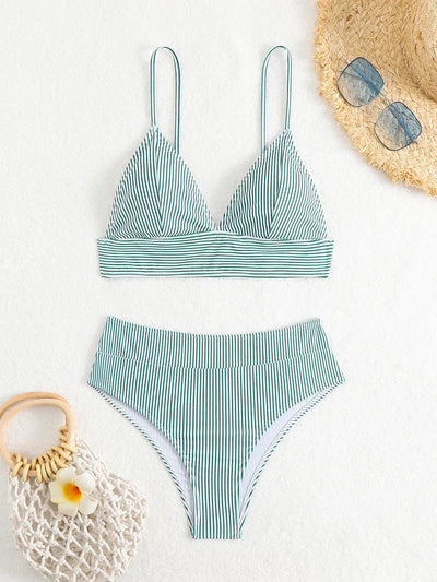 Lena – Črtast bikini komplet z visokim pasom