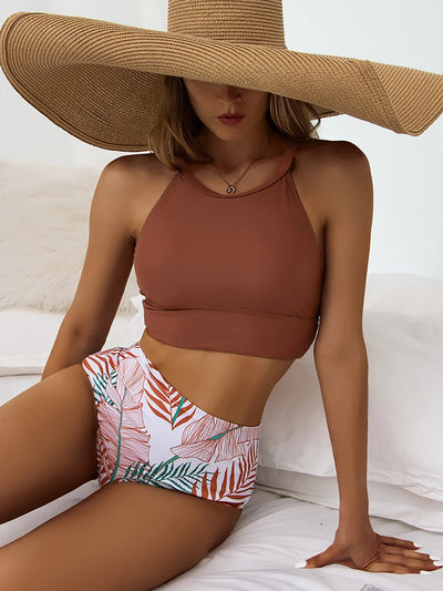 Nina – Cvetlični bikini komplet z visokim pasom in visokim izrezom